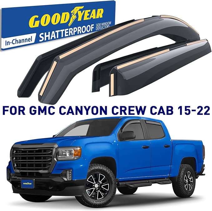 Goodyear Shatterproof in-Channel Window Deflectors for GMC Canyon 2015-2022 Crew Cab, Rain Guards, Window Visors for Cars, Vent Deflector, Car Accessories, 4 pcs - GY007707