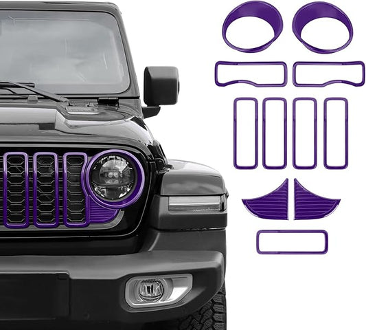 Front Grille Grill Insert+Headlight Turn Light Cover Trim Compatible with 2024-2025+ Jeep Wrangler JL JLU & Gladiator JT Exterior Accessories,Not Fit for JL Sport & Sports (Purple)
