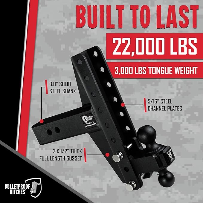 BulletProof Hitches - 3.0" Adjustable Heavy Duty Trailer Hitch (22,000 lb. Rating) - Offset 4" & 6" Drop/Rise Trailer Hitch with 2" & 2-5/16" Dual Ball - Powder Coat, Solid Steel, Corrosion-Resistant