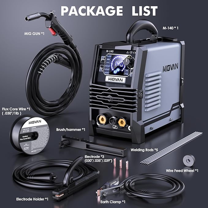 140A MIG Welder, MIGVAN 110V Flux Core MIG/Stick/Lift TIG 3 in 1 Welding Machine with Large LED Digital Display, IGBT Inverter Portable Gasless Welder with Welding Gun and Flux Core Wire