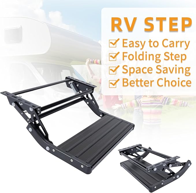 RV Step, 1-Step, Manual Foldable RV Steps, 400 LBS Load Capacity, Retractable Aluminum Alloy Camper Steps, Thickened Steel Plate Trailer Steps, Non-Slip Design, Ideal for RV, Trailer, Camper, Black
