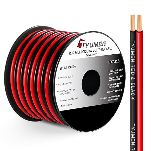 10 Gauge Wire 50FT, 10AWG Red Black Electrical Wire LED Strips Extension Cord 12V/24V DC Cable, 10 AWG 2 Conductors Flexible Low Voltage Wire for in-Home, Autos, Speaker use