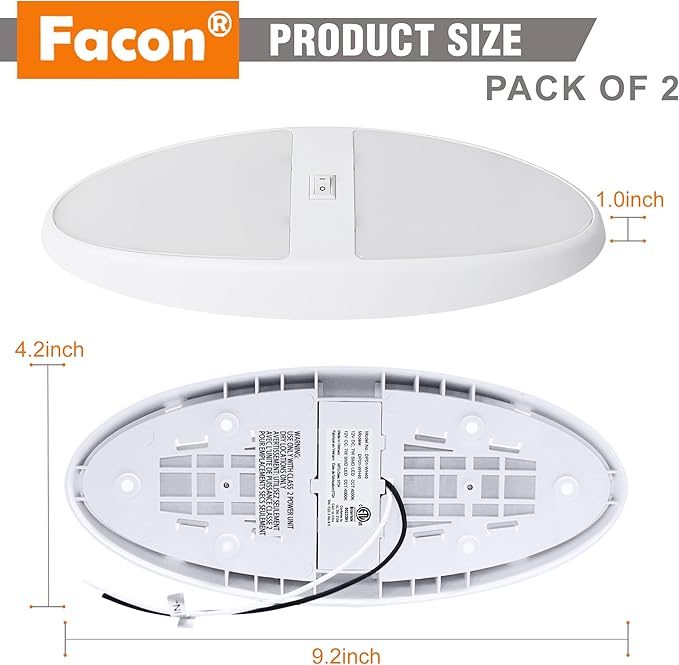 Facon 2-Pack 12V DC RV Ceiling Dome Light with On/Off Switch - 4000K Cool White, Large Oval Pancake RV Puck Light for RVs, Motorhomes, Campers & Boats, ETL Listed