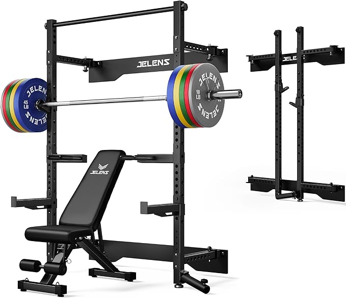 Folding Squat Rack, Wall Mounted Power Rack for Home Gym, Space Saving Multi-Functional Power Cage with Attachments