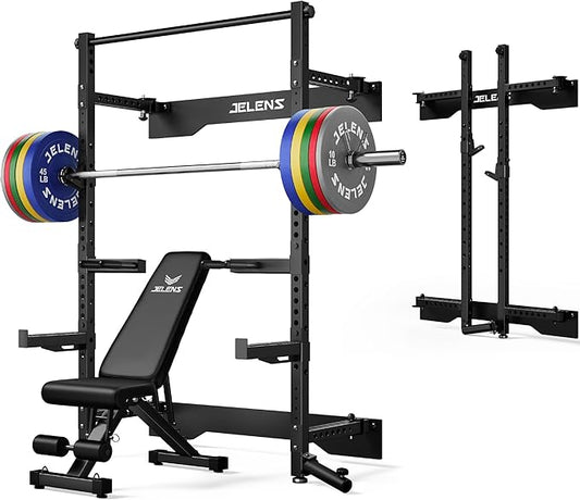 Folding Squat Rack, Wall Mounted Power Rack for Home Gym, Space Saving Multi-Functional Power Cage with Attachments