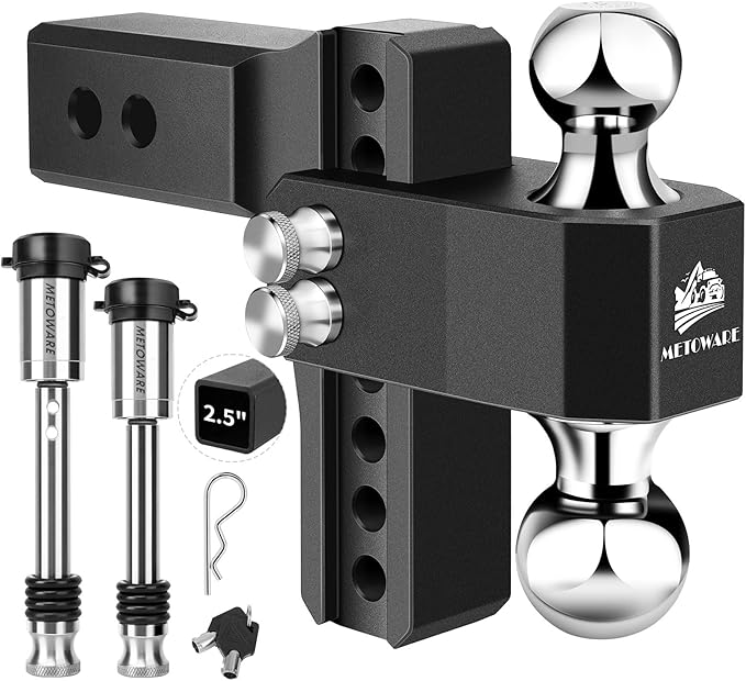 METOWARE Adjustable Trailer Hitch - Aluminum Tow Hitch Fits 2.5-Inch Receiver - Heavy Duty Drop Hitch with 6-Inch Drop/Rise for Truck (18,000 LBS GTW), Double Stainless Steel Locks & Hitch Pin (Black)