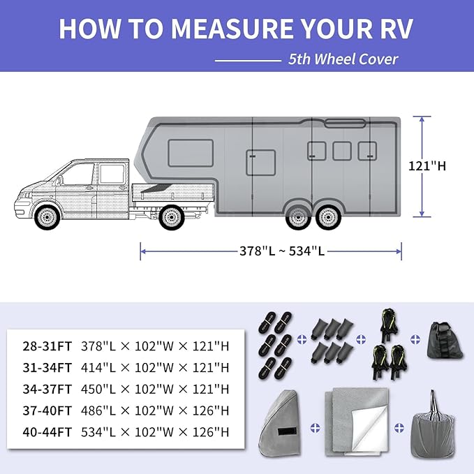 Umbrauto 5th Wheel RV Cover Fits 37' - 40' Travel Trailer Motorhome, Extra-Thick Windproof Camper Cover with 6 Gutter Cover Adhesive Repair Patches, Ladder Cover