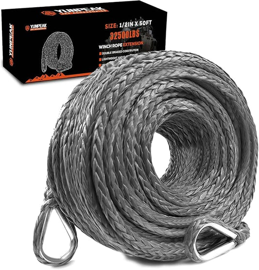 Winch Rope Extension, 1/2'' x 50ft 32,500Lbs Synthetic Winch Extension Rope, Winch Extension Line for Off Road Vehicle ATV UTV SUV Jeep (Gray)