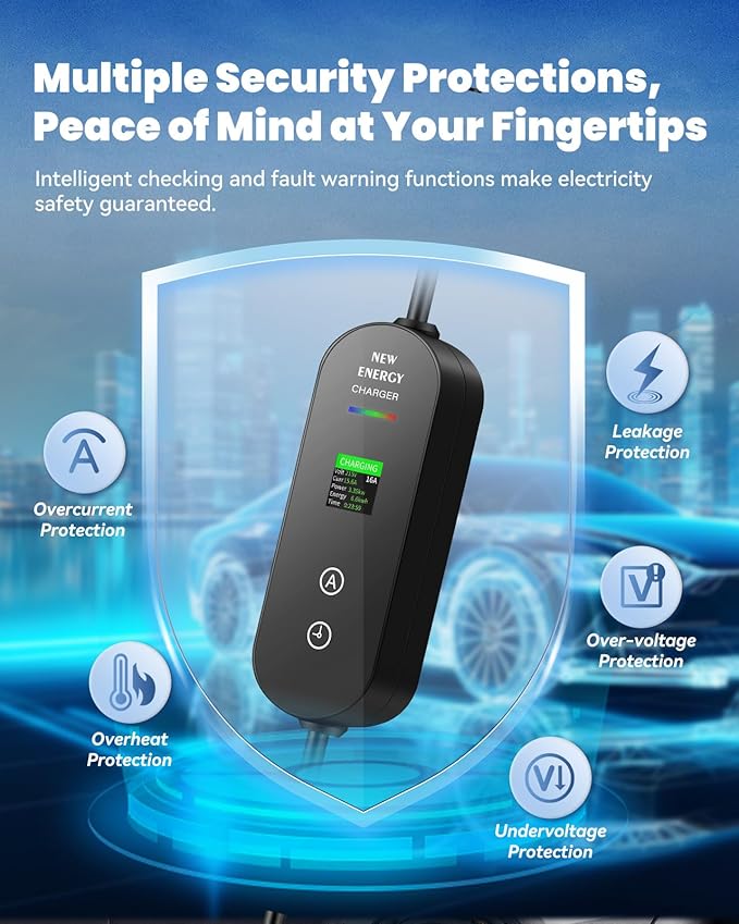 Level 1&2 EV Charger, 16A Electric Car Charger | Adjustable Current | Reservation Charging | NEMA 6-20 Plug & 5-15 Adapter | 100V-250V | Dual Temp Control | Safe, Fast Charging for J1772 Vehicles