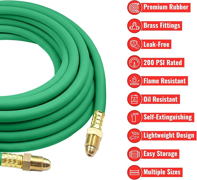 Argon Gas Hose for MIG/TIG Welding Flowmeter 1/4", 5/8"X18 Male, NPT Fittings, Inert Hose (50 Feet) AH-50-G
