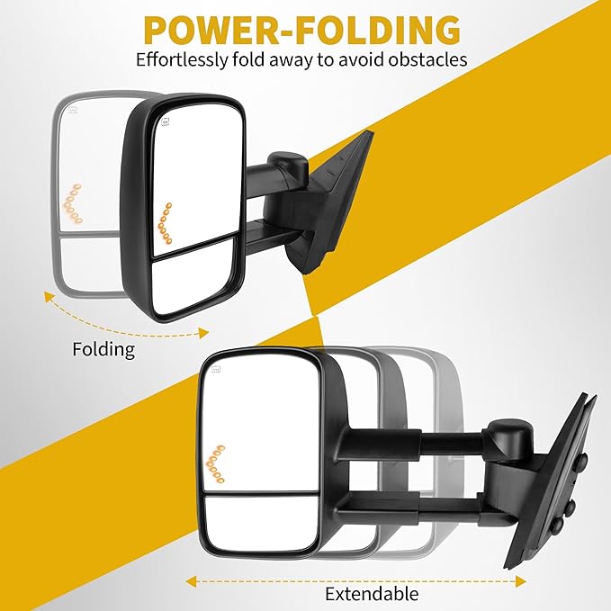 DWVO Power Heated Tow Mirrors for 2007-2014 Chevy Silverado GMC Sierra, Replacement Mirror Set with Turn Signal, Dual Glass, and Telescoping Design, Black