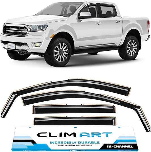 CLIM ART in-Channel Incredibly Durable Rain Guards for Ford Ranger 2019-2023 SuperCrew, Original Window Deflectors, Vent Deflector, Vent Window Visors, Dark Smoke, Truck Accessories, 4pcs - 619124LP