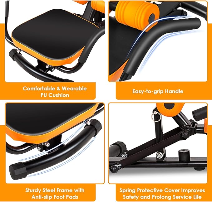Ab Workout Machine, Height Adjustable Ab Rocker Trainer w/Ergonomic Curved Back, Cushioned Seat, Strong Spring Boost for Core Strength Training, Compact Sit Up Machine for Home Gym