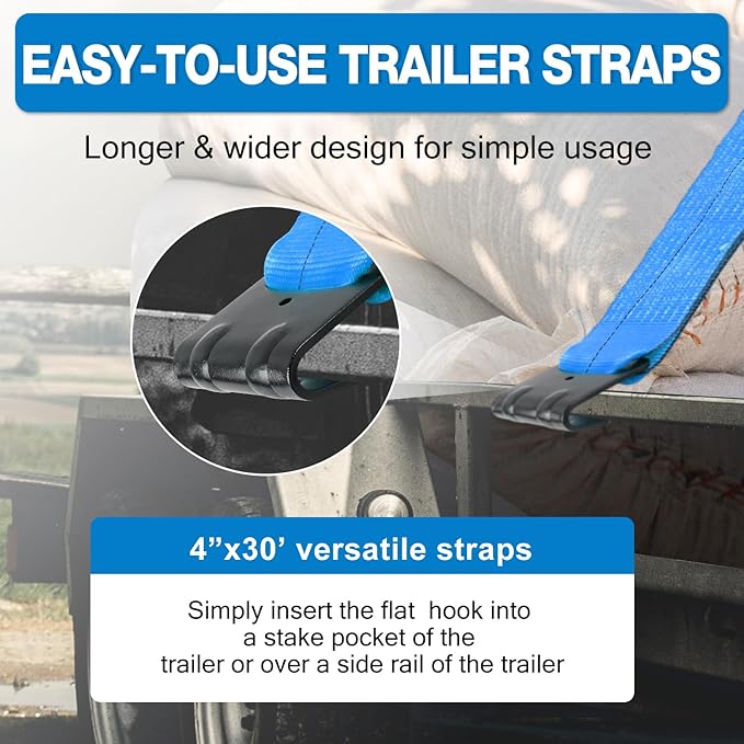 4" x 30' Straps for Flatbed Trailer Blue Heavy Duty Tie Down Flat Hooks WLL 5400 lbs | 4 Inch Cargo Control for Flatbed Truck Utility (10 Pack)