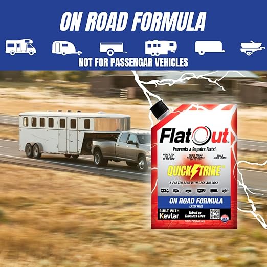 FlatOut QuickStrike Tire Sealant On Road Formula - Prevent Flat Tires, Seal Leaks, Contains Kevlar, 32-Ounce Bag, 2-Pack