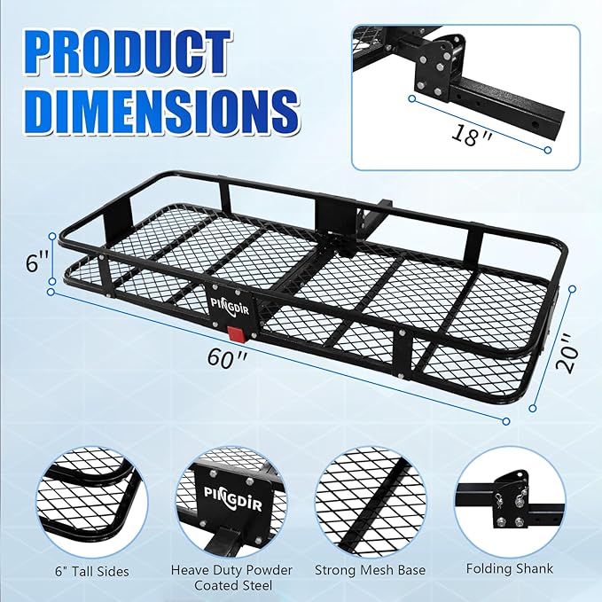 Folding Hitch Mount Cargo Carrier Hitch Rack Basket 60"*21.5"*6" Hauling Weight Capacity of 500 Lbs, Waterproof Cargo Bag 58" 19" 24", with Hitch Stabilizer,Cargo Net and Ratchet Straps