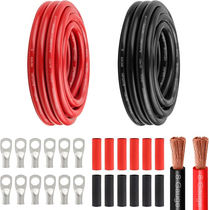 8 Awg Battery Power Cable -15FT Red + 15FT Black 8 Gauge Flexible Welding Cable OFC Copper Wire with Lugs Terminal Connectors and Heat Shrink Tube for Automotive, Battery, Inverter,Boat and Generator