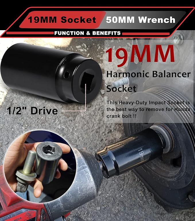 19 mm Harmonic Balancer Socket & 50mm Crankshaft Crank Pulley Wrench Holder Tool Compatible with Honda and Acura Engines | 77080 19mm Crank Bolt Socket | 2 Pack