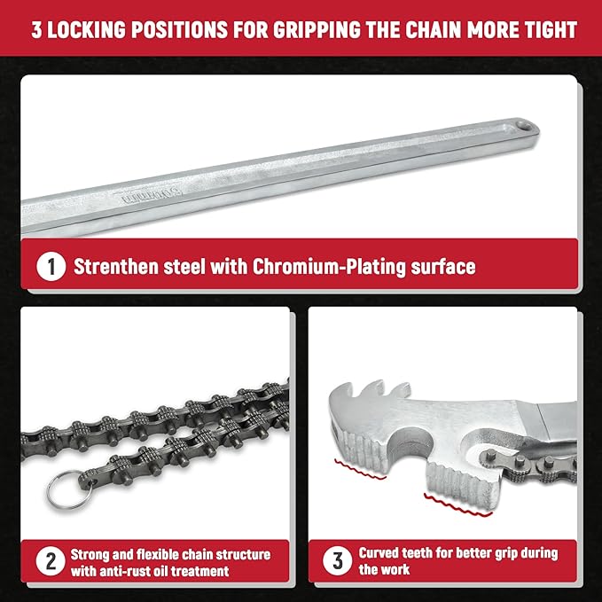 24 Inch Heavy Duty Carbon Steel Pipe Wrench, Fits Max 12 Inch Diameter, Adjustable Large Chain Oil Filter Wrench for Universal Use