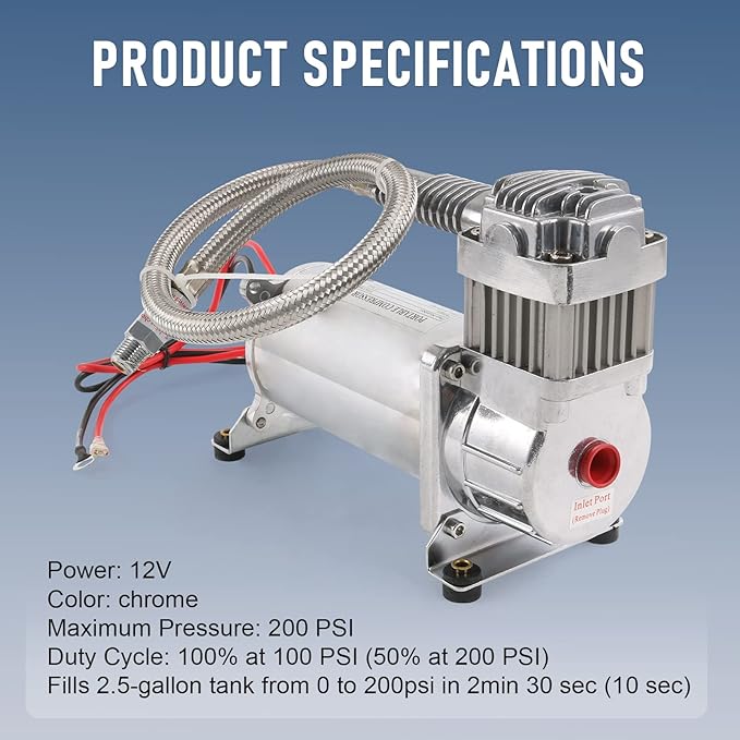 12V 444C 200 PSI Chrome Air Compressor for Auto/Motorcycle