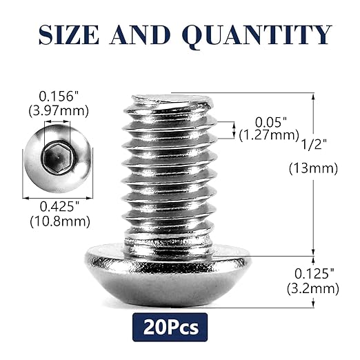1/4-20 x 1/2" Button Head Socket Cap Bolts Screws, 20Pcs 304 Stainless Steel 18-8, Allen Hex Drive, Bright Finish by SG TZH(with Hex Spanner)
