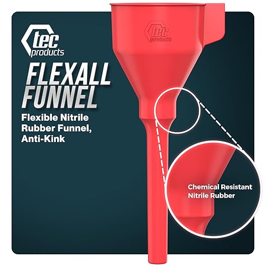 TEC Products FlexAll Anti-Kink Funnel - Long Flexible Funnel with Hose for Automotive Use - Durable Nitrile Rubber - Car Oil Change, Transmission Fluid, Diesel, Gas - Made in USA (9 x 3.95 Inches)