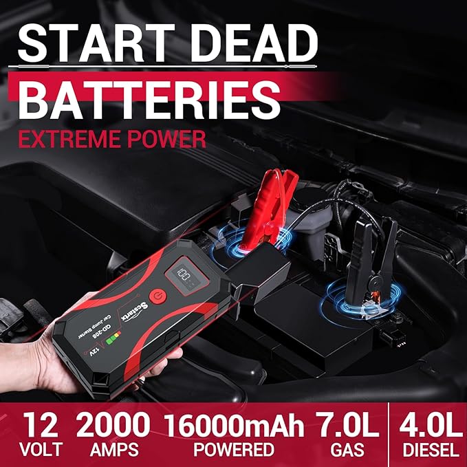 208 Car Battery Jump Starter, Portable Power Battery Pack 2000A Peak 12V Jump Box for Motorcycle Up to 7L Gas & 4L Diesel 3 Modes Flashlight and Safety Jumper Clamps