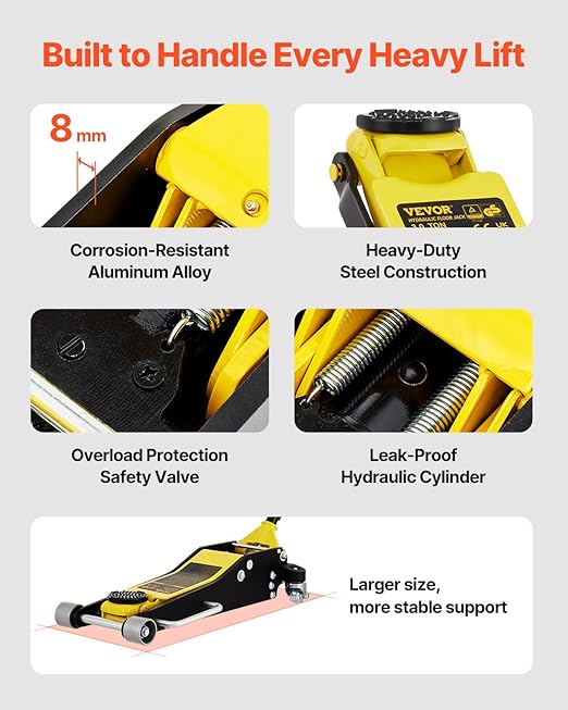 VEVOR 3 Ton Low Profile , Aluminum and Steel Racing Floor Jack with Dual Pistons Quick Lift Pump for Sport Utility Vehicle, Lifting Range 3-6/11"-19-11/16", yellow,black