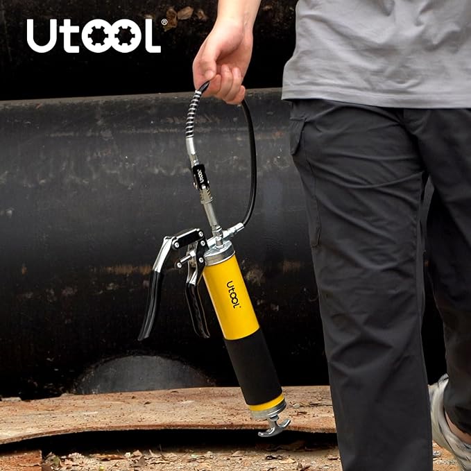 UTOOL Grease Gun, 8000 PSI Heavy Duty Pistol Grip Grease Gun Kit with 14 oz Capacity, 18 Inch Resin Flex Hose, 1 Patented Double Handle Coupler, 1 Basic Coupler