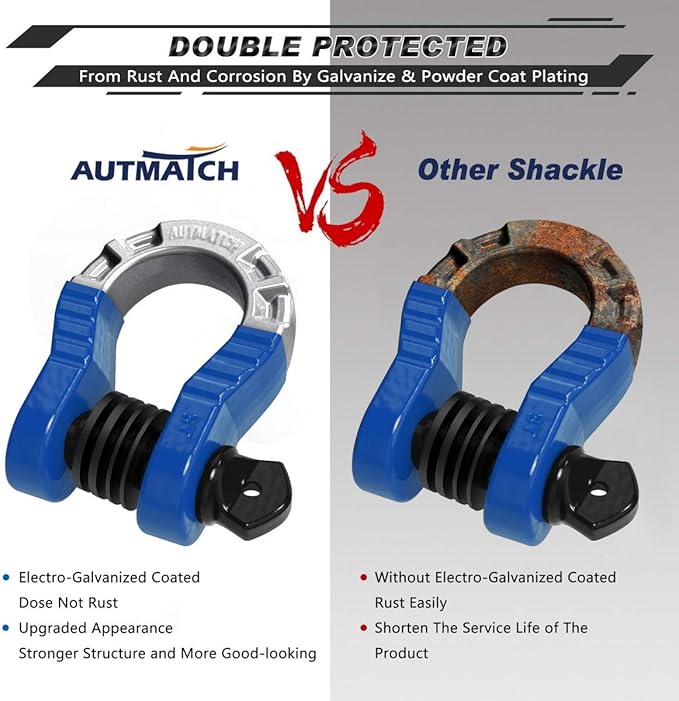 AUTMATCH D Ring Shackles 3/4" Mega Shackle (2 Pack) 68,000Ibs Break Strength - Heavy Duty Clevis Shackles with 7/8" Screw Pin and Isolator Washer for Tow Strap Winch Off Road Vehicle Recovery, Blue