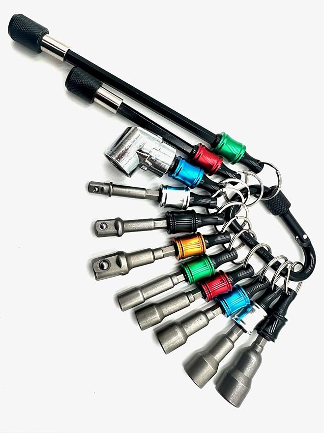 Ultra Bit Extension w/Quick-Release Holder - 4" extension, 6" extension, right-angle extension bit, 1/4", 3/8" and 1/2 socket bits, 1/4", 5/16", 3/8", 7/16", and 1/2" magnetic nut drivers.