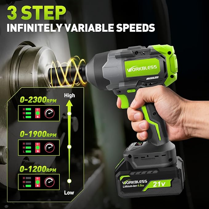 Cordless Impact Wrench 1/2 Inch: Brushless 1/2 Impact Gun Kit - Max 1200N.m (885ft-Lbs) High Torque Impact Driver for Car Tire, Mower, 20V 4Ah Battery, 3-Speed, 4 Socket, LED Light