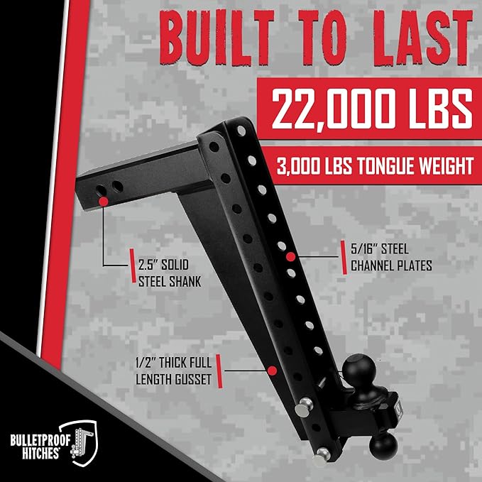 BulletProof Hitches - 2.5" Adjustable Heavy Duty Trailer Hitch (22,000 lb. Rating) - 18" Drop/Rise Trailer Hitch with 2" & 2-5/16" Dual Ball - Powder Coat, Solid Steel, Corrosion-Resistant