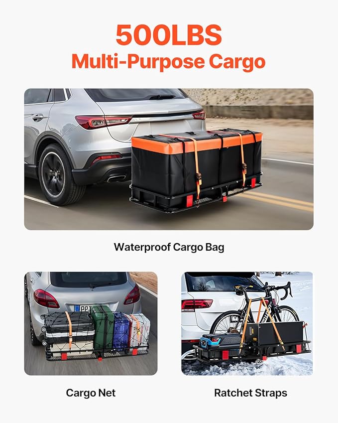 VEVOR 60x24x6 Folding Hitch Carrier - 500lb Capacity Cargo Basket & Waterproof Bag, Fits 2" Hitch Receiver for SUV, Truck, Pickup