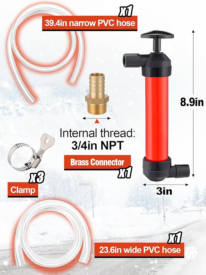 MADHOLLY Hand Fuel Pump with 3 Leakproof Clamps - RV Essentials Winterizing Kit, Antifreeze/Gas/Oil Transfer Siphon Pump