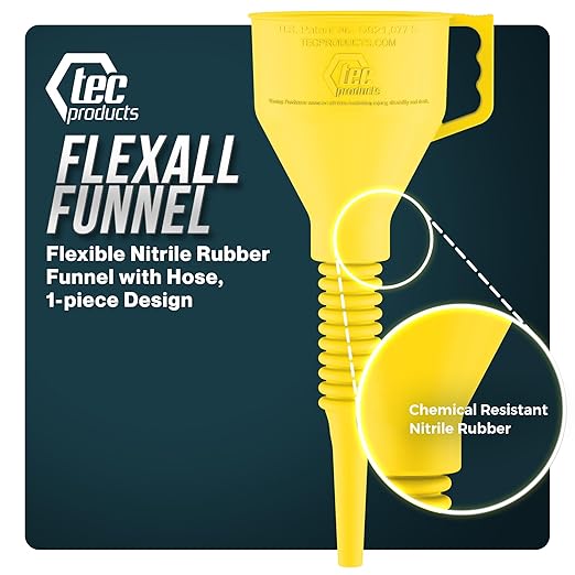 FlexAll Funnel Bundle - Long Flexible Funnels with Hose for Automotive Use - Nitrile Rubber Funnels with Handle for Oil Change and Transmission Fluid - Gas, Diesel, & Oil - Yellow (Small + Large)