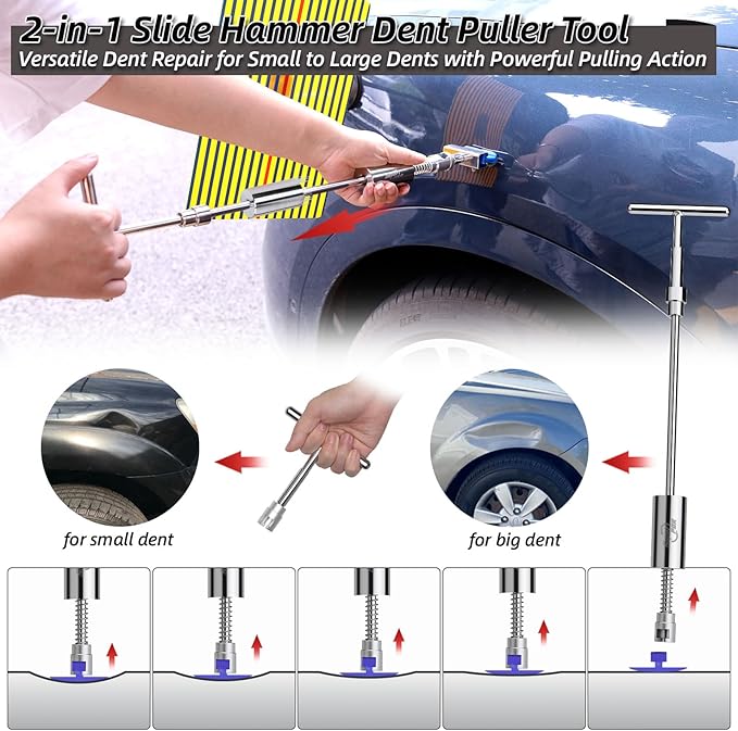 Super PDR Paintless Dent Repair Kit, Car Dent Removal Tools, PDR Tools, Dent Puller Kit with Dent Lifter, Bridge Puller, Slide Hammer T-Bar for Car Body Dents, Kit Includes Glue Removal Tool