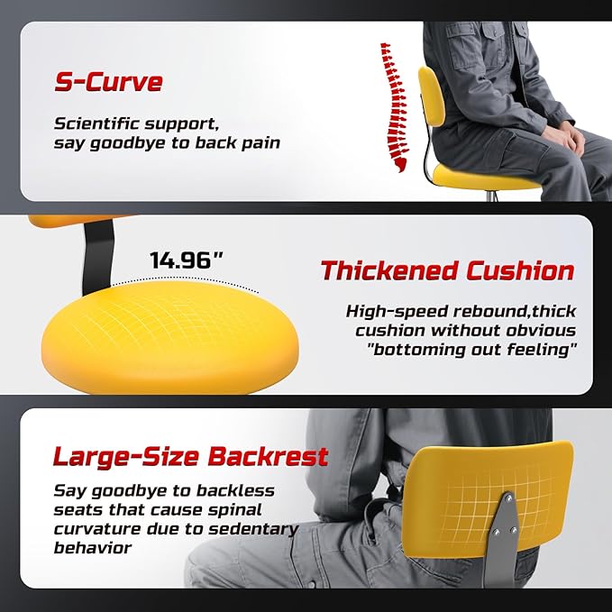 Rolling Shop Stool with Wheels,Mechanic Garage Stool Chair with Adjustable Height 15.55"-18.3",Heavy Duty Swivel Roller Seat for Garage,Salon and Tattoo Beauty, Yellow