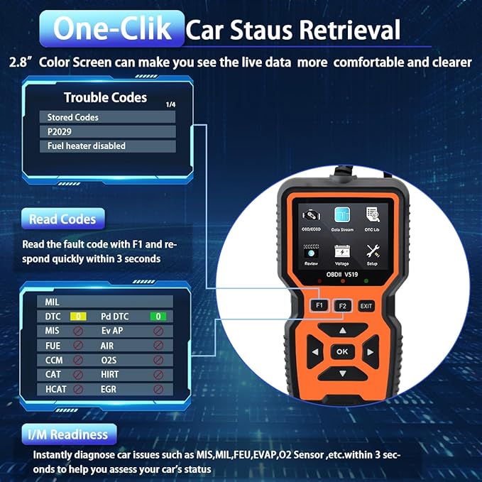 OBD2 Scanner Diagnostic Tool - Check Engine Light Code Reader, Reset Function, Data Stream, I/M Readiness, Full Features, Modes 6 & 8, for All 1996+ Vehicles, Automotriz Scanner