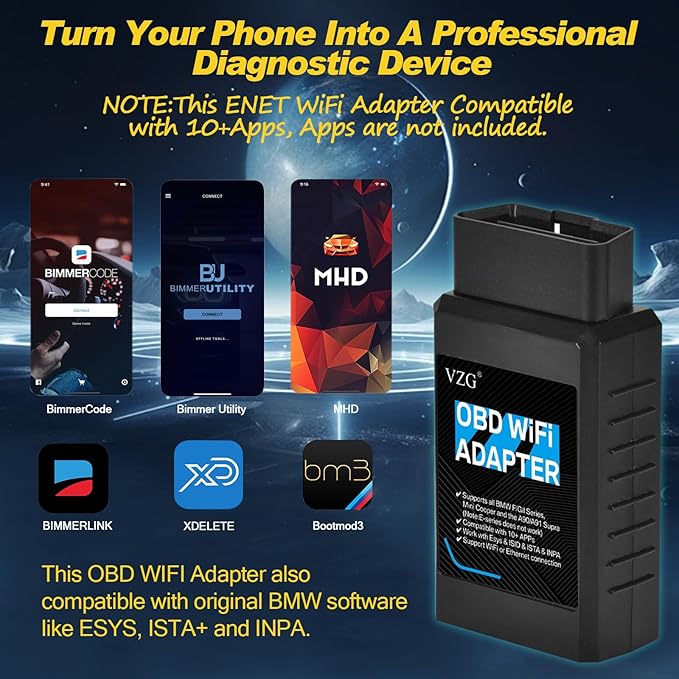 BM3 WiFi Adapter, Support Ethernet and WiFi to OBD2 Diagnostic&Coding Scanner Tool for BMW F/G/I/Mini Series,Compatible with BootMod3,BimmerCode,MHD,ISTA,Car Code Reader for iOS,Android,Windows