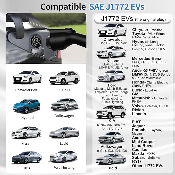 SubSun Universal Level 1 & 2 Portable EV Charger 16Amp 110V-240V Electric Car Charger for All EVs Include J1772, 25FT EV Charging Cable with NEMA 6-20P and 5-15 Adapter