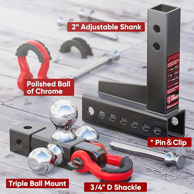 Ayleid Trailer Hitch Tri-Ball Mount with Hook&Pin&Rotatable Tow Shackle,Fits 2-in Receiver with 1-7/8-in,2-in,2-5/16-in Hitch Ball, Adjustable with Shackle