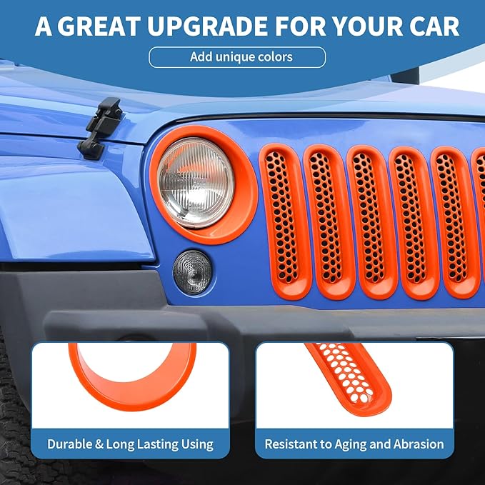 for Jeep JK Front Grille Inserts & Headlight Cover Trim Ring for Jeep Wrangler JK JKU 2007-2017 Orange Exterior Accessories 9pcs