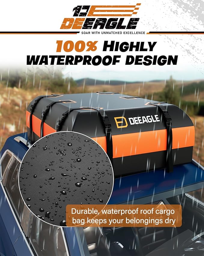 DEEAGLE Rooftop Cargo Carrier 21 Cubic Feet – Car Roof Cargo Bag for Vehicles Without Roof Rack – Waterproof Soft Car Top Carrier with Non-Slip Mat, 4 Door Hooks & 10 Reinforced Straps