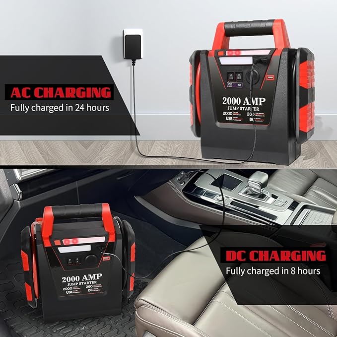 Jump Starter with Air Compressor,2000A Car Battery Jumper Starter 260 PSI Tire Inflator,6 in 1 Auto Lead-Acid Battery Booster Jump Starter for Up to 10.0L Gas or 8.0L Diesel with LED Light