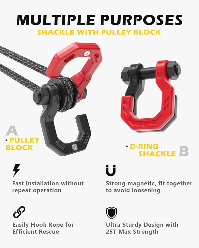 Separate D-Ring Shackle with Pulley Block, Towing Winch Snatch Block & 3/4" Separate D-Ring Shackle 2in1 Set, 57320lbs(26T) Breaking Strength, for Recovery, BlackRed