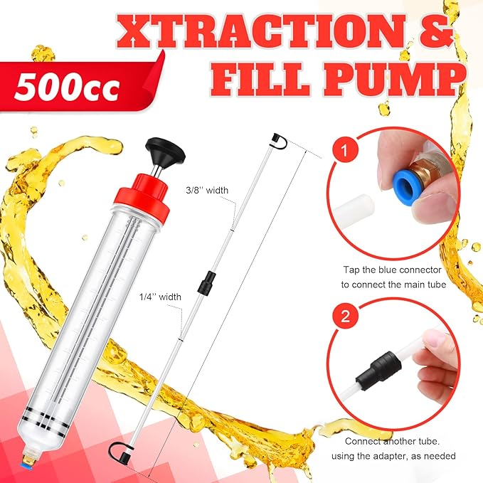 Lothee 2 Pack 500cc Automotive Fluid Extractor Pump Oil Extractor Hand Syringe Pump with Hose Manual Suction Vacuum Fuel Car Transfer for Power Steering, Hydraulic Fluid(Red)