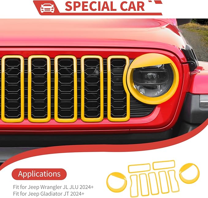 Front Grill Inserts Front Headlight Cover Kit fit for Jeep Wrangler JL JLU Gladiator JT 2024+ Exterior Accessories,Yellow