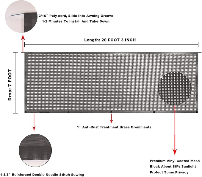 Tentproinc RV Awning Sun Shade Screen 7' X 20' 3'' (Fit for 21' Awning) Mesh Sunshade Block UV Glary Motorhome Camping Trailer Awning Shadescreen Sunscreen - 3 Year Warranty (Brown)