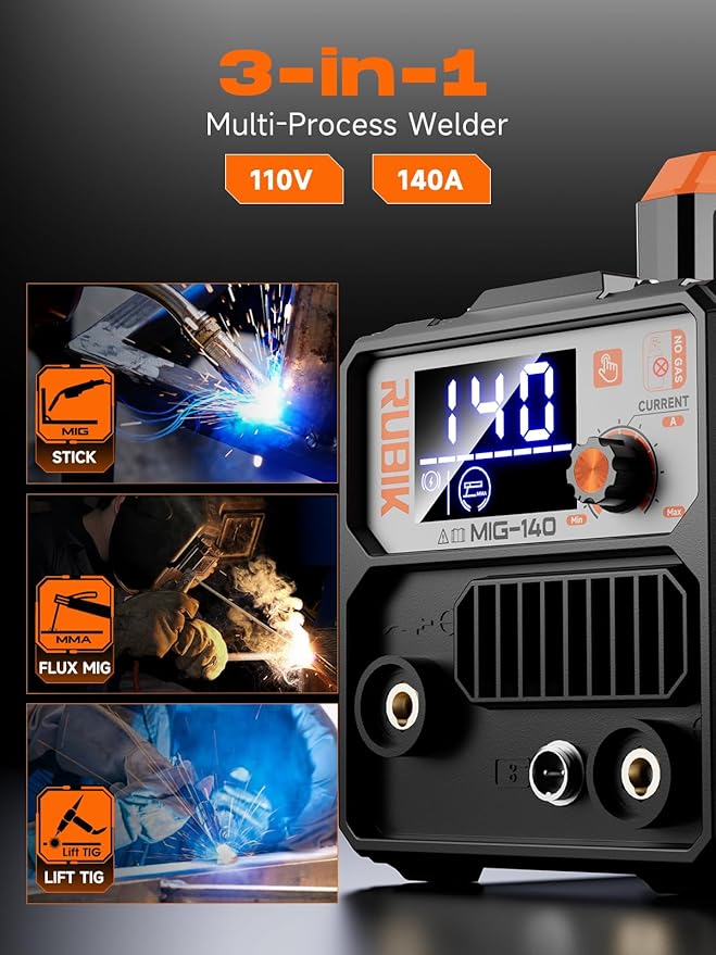 140A Gasless Mig Welder,110V FLUX MIG/ARC/Lift TIG Welding Machine,3 in 1 Mig Welder with Synergy and IGBT Inverter,110V Flux Core Welder with LCD Display